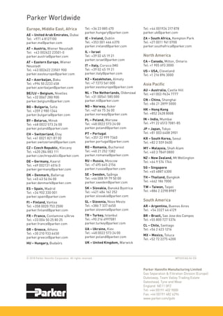 WPISOCAQ-04-EN
© 2018 Parker Hannifin Corporation. All rights reserved.
Europe, Middle East, Africa
AE – United Arab Emirates, Dubai
Tel: +971 4 8127100
parker.me@parker.com
AT – Austria, Wiener Neustadt
Tel: +43 (0)2622 23501-0
parker.austria@parker.com
AT – Eastern Europe, Wiener
Neustadt
Tel: +43 (0)2622 23501 900
parker.easteurope@parker.com
AZ – Azerbaijan, Baku
Tel: +994 50 2233 458
parker.azerbaijan@parker.com
BE/LU – Belgium, Nivelles
Tel: +32 (0)67 280 900
parker.belgium@parker.com
BG – Bulgaria, Sofia
Tel: +359 2 980 1344
parker.bulgaria@parker.com
BY – Belarus, Minsk
Tel: +48 (0)22 573 24 00
parker.poland@parker.com
CH – Switzerland, Etoy
Tel: +41 (0)21 821 87 00
parker.switzerland@parker.com
CZ – Czech Republic, Klecany
Tel: +420 284 083 111
parker.czechrepublic@parker.com
DE – Germany, Kaarst
Tel: +49 (0)2131 4016 0
parker.germany@parker.com
DK – Denmark, Ballerup
Tel: +45 43 56 04 00
parker.denmark@parker.com
ES – Spain, Madrid
Tel: +34 902 330 001
parker.spain@parker.com
FI – Finland, Vantaa
Tel: +358 (0)20 753 2500
parker.finland@parker.com
FR – France, Contamine s/Arve
Tel: +33 (0)4 50 25 80 25
parker.france@parker.com
GR – Greece, Athens
Tel: +30 210 933 6450
parker.greece@parker.com
HU – Hungary, Budaörs
Tel: +36 23 885 470
parker.hungary@parker.com
IE – Ireland, Dublin
Tel: +353 (0)1 466 6370
parker.ireland@parker.com
IL – Israel
Tel: +39 02 45 19 21
parker.israel@parker.com
IT – Italy, Corsico (MI)
Tel: +39 02 45 19 21
parker.italy@parker.com
KZ – Kazakhstan, Almaty
Tel: +7 7273 561 000
parker.easteurope@parker.com
NL – The Netherlands, Oldenzaal
Tel: +31 (0)541 585 000
parker.nl@parker.com
NO – Norway, Asker
Tel: +47 66 75 34 00
parker.norway@parker.com
PL – Poland, Warsaw
Tel: +48 (0)22 573 24 00
parker.poland@parker.com
PT – Portugal
Tel: +351 22 999 7360
parker.portugal@parker.com
RO – Romania, Bucharest
Tel: +40 21 252 1382
parker.romania@parker.com
RU – Russia, Moscow
Tel: +7 495 645-2156
parker.russia@parker.com
SE – Sweden, Spånga
Tel: +46 (0)8 59 79 50 00
parker.sweden@parker.com
SK – Slovakia, Banská Bystrica
Tel: +421 484 162 252
parker.slovakia@parker.com
SL – Slovenia, Novo Mesto
Tel: +386 7 337 6650
parker.slovenia@parker.com
TR – Turkey, Istanbul
Tel: +90 216 4997081
parker.turkey@parker.com
UA – Ukraine, Kiev
Tel: +48 (0)22 573 24 00
parker.poland@parker.com
UK – United Kingdom, Warwick
Parker Worldwide
Tel: +44 (0)1926 317 878
parker.uk@parker.com
ZA – South Africa, Kempton Park
Tel: +27 (0)11 961 0700
parker.southafrica@parker.com
North America
CA – Canada, Milton, Ontario
Tel: +1 905 693 3000
US – USA, Cleveland
Tel: +1 216 896 3000
Asia Pacific
AU – Australia, Castle Hill
Tel: +61 (0)2-9634 7777
CN – China, Shanghai
Tel: +86 21 2899 5000
HK – Hong Kong
Tel: +852 2428 8008
IN – India, Mumbai
Tel: +91 22 6513 7081-85
JP – Japan, Tokyo
Tel: +81 (0)3 6408 3901
KR – South Korea, Seoul
Tel: +82 2 559 0400
MY – Malaysia, Shah Alam
Tel: +60 3 7849 0800
NZ – New Zealand, Mt Wellington
Tel: +64 9 574 1744
SG – Singapore
Tel: +65 6887 6300
TH – Thailand, Bangkok
Tel: +662 186 7000
TW – Taiwan, Taipei
Tel: +886 2 2298 8987
South America
AR – Argentina, Buenos Aires
Tel: +54 3327 44 4129
BR – Brazil, Sao Jose dos Campos
Tel: +55 800 727 5374
CL – Chile, Santiago
Tel: +56 2 623 1216
MX – Mexico, Toluca
Tel: +52 72 2275 4200
Parker Hannifin Manufacturing Limited
Gas Separation & Filtration Division (Europe)
Dukesway, Team Valley Trading Estate
Gateshead, Tyne and Wear
England NE11 0PZ
Tel: +44 (0)191 402 9000
Fax: +44 (0)191 482 6296
www.parker.com/gsfe
 
