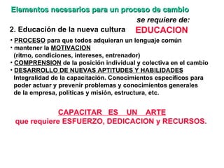 Elementos necesarios para un proceso de cambio se requiere de:  2. Educación de la nueva cultura EDUCACION PROCESO  para que todos adquieran un lenguaje común mantener la  MOTIVACION   (ritmo, condiciones, intereses, entrenador) COMPRENSION  de la posición individual y colectiva en el cambio DESARROLLO DE NUEVAS APTITUDES Y HABILIDADES   Integralidad de la capacitación. Conocimientos específicos para  poder actuar y prevenir problemas y conocimientos generales  de la empresa, políticas y misión, estructura, etc. CAPACITAR  ES  UN  ARTE que requiere ESFUERZO, DEDICACION y RECURSOS.  