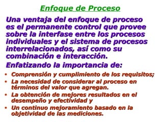 Una ventaja del enfoque de proceso es el permanente control que provee sobre la interfase entre los procesos individuales y el sistema de procesos interrelacionados, así como su combinación e interacción. Enfatizando  la importancia de: Enfoque de Proceso Comprensión y cumplimiento de los requisitos ; La necesidad de considerar al proceso en términos del valor que agregan. La obtención de mejores resultados en el desempeño y efectividad y Un continuo mejoramiento basado en la objetividad de las mediciones . 