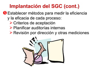 Establ ecer métodos para medir la eficiencia y la eficacia de cada proceso : Criterios de aceptación Plan ificar auditorías internas  Revisión por dirección y otras mediciones Implantación del SGC (cont.) 
