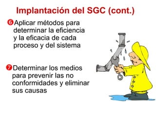 Aplicar métodos para determinar la eficiencia y la eficacia de cada proceso y del sistema Determina r los medios para prevenir las no conformidades y eliminar sus causas Implantación del SGC (cont.) 