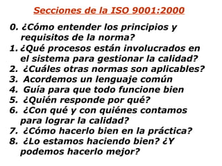 Secciones de la ISO 9001:2000 ¿Qué procesos están involucrados en el sistema para gestionar la calidad? ¿Cuáles otras normas son aplicables? Acordemos un lenguaje común Guía para que todo funcione bien ¿Quién responde por qué? ¿Con qué y con quiénes contamos para lograr la calidad? ¿Cómo hacerlo bien en la práctica? ¿Lo estamos haciendo bien? ¿Y podemos hacerlo mejor? 0. ¿Cómo entender los principios y requisitos de la norma? 