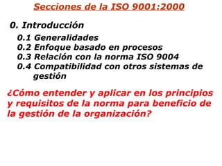 0. Introducción  0.1 Generalidades 0.2  Enfoque basado en  procesos 0.3 Relación con la norma ISO 9004 0.4 Compatibilidad con otros sistemas de gestión  Secciones de la ISO 9001:2000 ¿Cómo entender y aplicar en los principios y requisitos de la norma para beneficio de la gestión de la organización? 