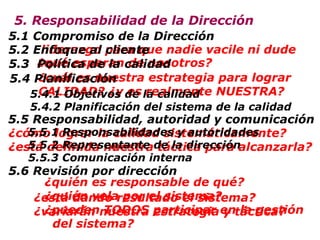 ¿cuál es nuestra estrategia para lograr CALIDAD? ¿y es realmente NUESTRA? ¿está dando resultado el sistema? ¿varíarán nuestra estrategia y táctica? ¿cómo lograr la calidad sistemáticamente? ¿está definida nuestra táctica para alcanzarla? ¿qué esperan de nosotros? liderazgo para que nadie vacile ni dude  5.3  Política de la calidad 5.2 Enfoque  al  cliente  5. Responsabilidad de la Dirección 5.1 Compromiso de la Dirección 5.5. 1  Responsabilidades y autoridades 5.5. 2  Representante de la dirección  5.5. 3  Comunicación interna 5.6 Revisión por dirección 5.5  Responsabilidad, autoridad y comunicación 5.4.1 Objetivos de la calidad 5.4.2 Planificación de l sistema de  la calidad 5.4 Planificación ¿quién es responsable de qué? ¿quién vela por el sistema? ¿pueden TODOS participar en la gestión del sistema? 