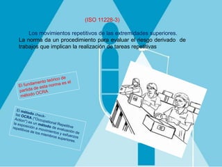 (ISO 11228-3)
Los movimientos repetitivos de las extremidades superiores.
La norma da un procedimiento para evaluar el riesgo derivado de
trabajos que implican la realización de tareas repetitivas
 