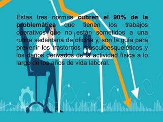 Estas tres normas cubren el 90% de la
problemática que tienen los trabajos
operativos que no están sometidos a una
rutina sedentaria de oficina y, son la guía para
prevenir los trastornos musculoesqueléticos y
los daños derivados de la actividad física a lo
largo de los años de vida laboral.
 