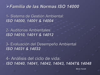 Familia de las Normas ISO 14000

1- Sistema de Gestión Ambiental:
ISO 14000, 14001 & 14004

2- Auditorias Ambientales:
ISO 14010, 14011 & 14012

3- Evaluación del Desempeño Ambiental
ISO 14031 & 14032

4- Análisis del ciclo de vida:
ISO 14040, 14041, 14042, 14043, 14047& 14048
                                    María Yanett
 
