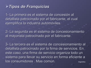 Tipos de Franquicias

1- La primera es el sistema de concesión al
detallista patrocinado por el fabricante, el cual
ejemplifica la industria automóviles.

2- La segunda es el sistema de concesionamiento
al mayorista patrocinado por el fabricante.

3- La tercera es el sistema de concesionamiento al
detallista patrocinado por la firma de servicios. En
este caso, una firma de servicio organiza todo un
sistema para llevar su servicio en forma eficiente a
los consumidores . Mas común.                    Argentina
 