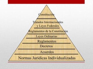 Constitución
Tratados Internacionales
y Leyes Federales
Reglamentos de la Constitución
Leyes Ordinarias
Reglamentos
Decretos
Acuerdos
Normas Jurídicas Individualizadas
 
