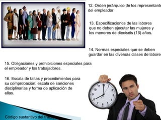 Código sustantivo del trabajo
12. Orden jerárquico de los representante
del empleador
13. Especificaciones de las labores
que no deben ejecutar las mujeres y
los menores de dieciséis (16) años.
14. Normas especiales que se deben
guardar en las diversas clases de labores
15. Obligaciones y prohibiciones especiales para
el empleador y los trabajadores.
16. Escala de faltas y procedimientos para
su comprobación; escala de sanciones
disciplinarias y forma de aplicación de
ellas.
 