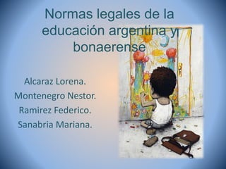 Normas legales de la
educación argentina y
bonaerense
Alcaraz Lorena.
Montenegro Nestor.
Ramirez Federico.
Sanabria Mariana.
 
