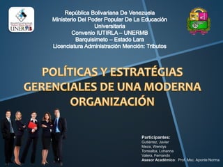 Participantes: 
Gutiérrez, Javier 
Meza, Wendys 
Torrealba, Lohanna 
Valera, Fernando 
Asesor Académico: Prof. Msc. Aponte Norma 
 