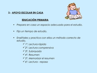 3.- APOYO ESCOLAR EN CASA
EDUCACIÓN PRIMARIAEDUCACIÓN PRIMARIA
• Prepara en casa un espacio adecuado para el estudio.
• Fija un tiempo de estudio.
• Enséñales y practica con ellos un método correcto de
estudio.
 1º. Lectura rápida
 2º. Lectura comprensiva
 3º. Subrayado
 4º. Resumen
 5º. Memorizar el resumen
 6º. Lectura - repaso
 