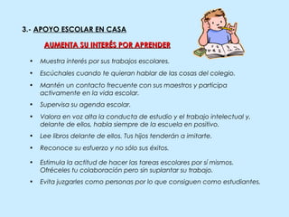 3.- APOYO ESCOLAR EN CASA
AUMENTA SU INTERÉS POR APRENDERAUMENTA SU INTERÉS POR APRENDER
• Muestra interés por sus trabajos escolares.
• Escúchales cuando te quieran hablar de las cosas del colegio.
• Mantén un contacto frecuente con sus maestros y participa
activamente en la vida escolar.
• Supervisa su agenda escolar.
• Valora en voz alta la conducta de estudio y el trabajo intelectual y,
delante de ellos, habla siempre de la escuela en positivo.
• Lee libros delante de ellos. Tus hijos tenderán a imitarte.
• Reconoce su esfuerzo y no sólo sus éxitos.
• Estimula la actitud de hacer las tareas escolares por sí mismos.
Ofréceles tu colaboración pero sin suplantar su trabajo.
• Evita juzgarles como personas por lo que consiguen como estudiantes.
 
