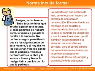 Norma inculta formal ¡Amigos, escúchenme! La exhortación que acabas de leer, pertenece a un vocero de obreros de una obra en construcción. El contenido de su mensaje es de carácter e intencionalidad tan serio como lo sería el llamado de un político a que los electores voten por él. También su adecuación a la situación comunicativa es correcta, pero el obrero carece del conocimiento necesario que le permitiría construir un discurso de léxico más amplio y gramaticalmente adecuado.  Entre toos tenimos que ayudar a parar este asunto. Si toos ponimos de nuestra parte, le vamos a ganarle la batalla a la empresa. No podimos seguir permitiendo que se los siga tratando de esta manera, y sí hoy día no los escuchan y no los dan lo que le pedimos, vamos a dentrar todos a la obra y la vamos a tomar y hacer la huelga hahta que los den lo que le pedimos.   