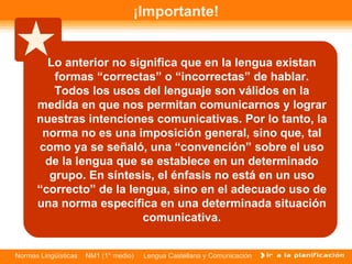 ¡Importante! Lo anterior no significa que en la lengua existan formas “correctas” o “incorrectas” de hablar. Todos los usos del lenguaje son válidos en la medida en que nos permitan comunicarnos y lograr nuestras intenciones comunicativas. Por lo tanto, la norma no es una imposición general, sino que, tal como ya se señaló, una “convención” sobre el uso de la lengua que se establece en un determinado grupo. En síntesis, el énfasis no está en un uso “correcto” de la lengua, sino en el adecuado uso de una norma específica en una determinada situación comunicativa. 