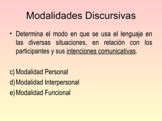 Modalidades Discursivas Determina el modo en que se usa el lenguaje en las diversas situaciones, en relación con los participantes y sus  intenciones comunicativas . Modalidad Personal Modalidad Interpersonal Modalidad Funcional 