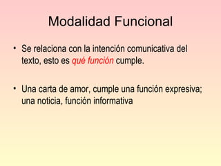 Modalidad Funcional Se relaciona con la intención comunicativa del texto, esto es  qué función  cumple. Una carta de amor, cumple una función expresiva; una noticia, función informativa 
