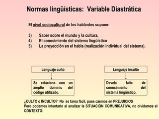 Normas lingüísticas:  Variable Diastrática El  nivel sociocultural  de los hablantes supone: Saber sobre el mundo y la cultura,  El conocimiento del sistema lingüístico  La proyección en el habla (realización individual del sistema). Lenguaje culto Lenguaje inculto ¿CULTO o INCULTO?  No  es tarea fácil, pues caemos en PREJUICIOS Pero podemos intentarlo al analizar la SITUACIÓN COMUNICATIVA, no olvidamos el CONTEXTO: Se relaciona con un amplio dominio del código utilizado. Devela falta de conocimiento del sistema lingüístico. 