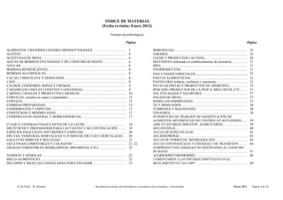 INDICE DE MATERIAS
                                                                                                            (Fecha revisión: Enero 2012)

                                                                                                                      Normas microbiológicas

                                                                                                                                       Página                                                                                                                 Página

ALIMENTOS: CRITERIOS LISTERIA MONOCYTOGENES………………………....                                                                                   5          HORCHATAS.......................................................................................             25
ACEITES..............................................................................................................................      6          JARABES...............................................................................................       25
ACEITUNAS DE MESA.....................................................................................................                     6          LECHE Y PRODUCTOS LACTEOS...................................................                                 26
AGUAS DE BEBIDAS ENVASADAS Y DE CONSUMO HUMANO…………………                                                                                      6          MAYONESA elaborada en establecimientos de hostelería...................                                      31
AZUCAR..............................................................................................................................       8          MIEL......................................................................................................   31
BEBIDAS REFRESCANTES..............................................................................................                         8          OVOPRODUCTOS...............................................................................                  31
BEBIDAS ALCOHOLICAS................................................................................................                        8          PAN Y PANES ESPECIALES....................................................                                   32
CACAO, CHOCOLATE Y DERIVADOS..........................................................................                                     8          PASTAS ALIMENTICIAS....................................................................                      32
CAFÉ....................................................................................................................................   8          PASTELERIA bollería, confitería y repostería......................................                           32
CALDOS, CONSOMES, SOPAS Y CREMAS..................................................................                                         9          PATATAS FRITAS Y PRODUCTOS DE APERITIVO......................                                                33
CARAMELOS CHICLES CONFITES Y GOLOSINAS....................................................                                                 9          PESCADO, PRODUCTOS DE LA PESCA, MOLUSCOS, ETC........                                                        33
CARNES, CANALES Y PRODUCTOS CARNICOS........................................................                                               10         SAL ENVASADA Y SALMUERA......................................................                                37
CEREALES, cereales en copos y expandidos......................................................................                             15         SALSAS DE MESA...............................................................................                37
CERVEZA............................................................................................................................        15         SEMILLAS GERMINADAS………………………………………….                                                                         37
COMIDAS PREPARADAS,……………………………………………............................                                                                           15         TE Y DERIVADOS...............................................................................                38
CONDIMENTOS Y ESPECIAS..........................................................................................                           17         TURRONES Y MAZAPANES……………………………………….                                                                         38
CONFITURAS Y MERMELADAS....................................................................................                                17         VINAGRES............................................................................................         38
CONSERVAS EN GENERAL Y SEMICONSERVAS......................................................                                                 17         SUPERFICIES DE TRABAJOY DE MANIPULACIÓN DE
                                                                                                                                                      ALIMENTOS. REFERENCIAS DE CONTROL EN MATADEROS.......                                                        39
CUAJO Y ENZIMAS COAGULANTES DE LA LECHE.................................................                                                   18         AIRE EN ESTABLECIMIENTOS ALIMENTARIOS……………………                                                                39
DIETETICOS Y PREPARADOS PARA LACTANTES Y DE CONTINUACIÓN……..                                                                               19         MICOTOXINAS………………………………………………………………                                                                          40
ESPECIES VEGETALES, INFUSIONES Y ESPECIAS………………………………...                                                                                   20         AGUAS DE BAÑO (PLAYAS)                                                                                       45
FRUTAS, VERDURAS, HORTALIZAS Y ZUMOS DE FRUTAS Y HORTALIZAS….                                                                              20         AGUAS DE PISCINAS……………………………………………………………………                                                                  45
GALLETAS SIMPLES Y RELLENAS………………………...........................................                                                            21         AGUAS DE TORRES DE REFRIGERACION…………………………...                                                                45
GELATINAS COMESTIBLES Y COLÁGENO................................................................                                           21, 22     AGUAS CONTINENTALES Y COSTERAS Y DE TRANSICION……..                                                           46
GRASAS COMESTIBLES (MARGARINAS, MINARINAS, ETC)…………………….                                                                                   22         SUBPRODUCTOS ANIMALES NO DESTINADOS AL CONSUMO
                                                                                                                                                      HUMANO……………………………………………………………………..                                                                           47
HARINAS Y SEMOLAS..................................................................................................... 22                             ACLARACIONES Y DEFINICIONES……………………………………………………                                                              48
HIELO ALIMENTICIO....................................................................................................... 22                           COMENTARIOS A LAS PRUEBAS DISPUESTAS EN EL
HELADOS Y MEZCLAS CONGELADAS PARA ENVASAR………………………… 23                                                                                                REGLAMENTO CE 1441/2007…………………………………………….                                                                    49




           B. De Pablo M. Moragas                                                                   Recopilación normas microbiológicas y parámetros físico-químicos relacionados                                                               Enero 2012.         Página 4 de 50
 