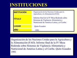 Organización de las Naciones Unidas para la Agricultura y la Alimentación (FAO). Informe final de la IV Mesa Redonda sobre Sistemas de Vigilancia Alimentaria y Nutricional de América Latina y el Caribe. Quito Ecuador. 1991 Organización de las Naciones Unidas para la Agricultura y la Alimentación (FAO). Informe final de la IV Mesa Redonda sobre Sistemas de Vigilancia Alimentaria y Nutricional de América Latina y el Caribe. Quito Ecuador. 1991 INSTITUCIONES 