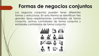 Formas de negocios conjuntos
Los negocios conjuntos pueden tener diferentes
formas y estructuras. En esta Norma se identifican tres
grandes tipos—explotaciones controladas de forma
conjunta, activos controlados de forma conjunta y
entidades controladas de forma conjunta
 