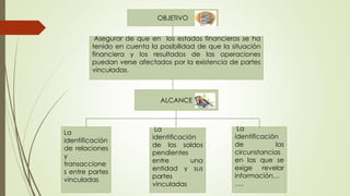 OBJETIVO
Asegurar de que en los estados financieros se ha
tenido en cuenta la posibilidad de que la situación
financiera y los resultados de las operaciones
puedan verse afectados por la existencia de partes
vinculadas.
ALCANCE
La
identificación
de relaciones
y
transaccione
s entre partes
vinculadas
La
identificación
de los saldos
pendientes
entre una
entidad y sus
partes
vinculadas
La
identificación
de las
circunstancias
en las que se
exige revelar
información…
….
 