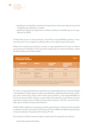 176

LOS CONVENIOS
DE LA OIT SOBRE
SEGURIDAD Y SALUD
EN EL TRABAJO

• aquellas

que corresponden a situaciones de exposiciones crónicas que requieren una acción
remediadora para reducirlas o evitarlas;
• aquellas provenientes de exposiciones a residuos oriundos de actividades que no son reguladas por la CNEN.

La Resolución provee un extenso glosario y desarrolla las responsabilidades, prácticas e intervenciones junto con sus requisitos y, además, cuáles son los requisitos para intervención.
Dentro de los requisitos para prácticas, un punto se ocupa especialmente de los que son básicos
para la protección radiológica y los de exposición ocupacional. Con respecto al primero, veamos
los límites fijados para las dosis anuales.

LÍMITES DE EXPOSICIÓN
A RADIACIONES IONIZANTES

TABLA 1

DIMENSIÓN

ÓRGANO

EXPOSICIÓN
LABORAL

EXPOSICIÓN DE
INDIVIDUO DEL
PÚBLICO

DÓSIS EFECTIVA

CUERPO ENTERO

20 mSv (b)

1 mSv (c)

DÓSIS EQUIVALENTE

CRISTALINO

150 mSv

15 mSv

PIEL (d)

500 mSv

50 mSv

MANOS Y PIES

500 mSv

––––––

Notas: (b) media ponderada en 5 años consecutivos, pero que no excedan 50 mSv en cualquier año. (c) En circunstancias especiales, la
CNEN podrá autorizar un valor de dosis efectiva de hasta 5 mSv en un año, siempre que la dosis efectiva media en un período consecutivo
de 5 años no exceda a 1 SV por año. (d) Valor medido en 1 cm2 de área, en la región más irradiada.

En cuanto a la exposición laboral, los empleadores son responsables de la protección que brindan
a sus trabajadores. Deben seguir las reglas y procedimientos establecidos de protección radiológica, ofrecer información, incluso sobre la dosis actual e histórica, y fijar responsabilidades en
caso de tercerización. Debe solicitarse consejo médico adecuado toda vez que durante una única
exposición una persona haya recibido una dosis efectiva superior a 100 mSv o una dosis absorbida superior al límite de efectos determinísticos.
También deberá implantarse un programa de salud ocupacional para evaluación inicial y periódica
de aptitud, tomando como referencia el Programa de Control Médico de Salud Ocupacional que
se mencionó durante el tratamiento del Convenio N° 161.
Por otra parte, se deberán mantener registros ocupacionales de exposición que incluyan:
• la

naturaleza general del trabajo;

 