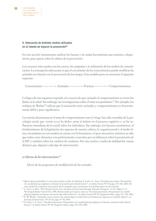 68

LOS CONVENIOS
DE LA OIT SOBRE
SEGURIDAD Y SALUD
EN EL TRABAJO

5. Valoración de distintos medios utilizados
en el intento de mejorar la prevención56
En esta sección intentaremos analizar las buenas y las malas herramientas que tenemos a disposición, para operar sobre la cultura de la prevención.
Los recursos más usuales son los cursos, las campañas y la utilización de los medios de comunicación. La concepción subyacente es que el crecimiento de los conocimientos puede modificar las
actitudes en relación con la prevención de los riesgos. Este modelo pone en secuencia el siguiente
esquema:
Conocimiento ————— Actitudes ————— Prácticas ————— Comportamientos

La lógica de este esquema responde a la creencia de que variando el comportamiento se evitan los
daños en la salud. Sin embargo, las investigaciones sobre el tema son pesimistas.57 Por ejemplo, los
trabajos de Wicker58 indican que la asociación entre actitudes y comportamientos es frecuentemente débil y poco significativa.
Las teorías dominantes en el tema de comportamiento ante el riesgo han sido extraídas de la psicología social, que –como ya se ha dicho– pone el énfasis en el proceso cognitivo y en las influencias inmediatas de lo social sobre los individuos. Sin embargo, los factores económicos, el
fortalecimiento de la legislación, los aspectos de nuestra cultura, lo organizacional y el medio físico circundante no son tenidos en cuenta con la frecuencia y el peso necesarios, mientras se sabe
que todos estos elementos son perfectamente conocidos por su influencia sobre la promoción de
la SST y también sobre los cambios de conducta. Por este motivo, resulta de utilidad dar cuenta
del peso que adquiere cada tipo de intervención.

a) Efectos de las intervenciones 59
Efecto de los programas de modificación de las actitudes

56

Quien desee profundizar en este tema, puede acceder al trabajo de J. Lund y L. Aaro, “Accident prevention. Presentation
of a model placing emphasis on human strucutural and cultural factors”, en Safety Science Nº 42, págs. 271-324, 2004. De
este estudio fue tomada la mayor parte de los ejemplos que se presentan en la primera parte de esta sección.
57
L. Aaro y J. Rise, “The Hyman Factor. Can Accident be Prevented through Attitude Changes?”, en SF- Report 5- 6,
Norwegian Safety Forum Oso, 1996. Referenciado por Lund y Aaro en “Accident prevention. Presentation of a model
placing emphasis on human, structural and cultural factors”, en Safety Science Nº 42, Pergamon Edits., págs. 271-324, 2004.
58
A. W. Wicker, “Attitudes versus actions: the relationship of verbal and overt behavioral responses to attitude objects”, en
Journal of Social Issues Nº 25 (4), págs. 41-78, 1969.
59
J. Lund y L.E. Aaro, “Accident prevention. Presentation of a model placing emphasis on human, structural and cultural
factors”, en Safety Science Nº 42, Pergamon Edits., págs. 271-324, 2004.

 