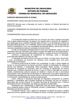 RESOLUÇÃO E PARECER CME/ARAUCÁRIA Nº 05/2006