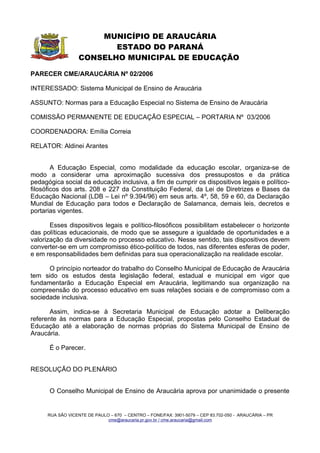RESOLUÇÃO E PARECER CME/ARAUCÁRIA N º 02/2006