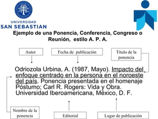 Ejemplo de una Ponencia, Conferencia, Congreso o Reunión,  estilo A. P. A. Odriozola Urbina, A. (1987, Mayo).  Impacto del enfoque centrado en la persona en el noroeste del país . Ponencia presentada en el homenaje  Póstumo; Carl R. Rogers: Vida y Obra. Universidad Iberoamericana, México, D. F.  Autor  Título de la ponencia Fecha de  publicación Lugar de publicación Editorial Nombre de la ponencia 
