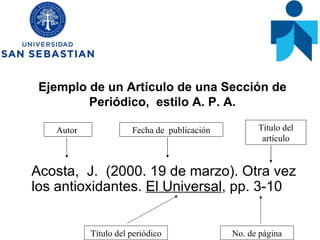 Ejemplo de un Artículo de una Sección de Periódico,  estilo A. P. A. Acosta,  J.  (2000. 19 de marzo). Otra vez los antioxidantes.  El Universal , pp. 3-10 Autor  Fecha de  publicación Título del artículo No. de página Título del periódico 