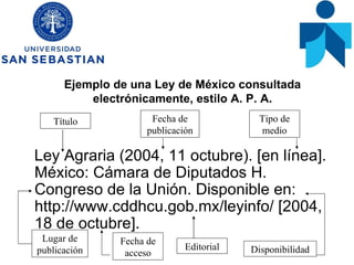 Ejemplo de una Ley de México consultada electrónicamente, estilo A. P. A. Ley Agraria (2004, 11 octubre). [en línea]. México: Cámara de Diputados H. Congreso de la Unión. Disponible en: http://www.cddhcu.gob.mx/leyinfo/ [2004, 18 de octubre].  Título Fecha de publicación Tipo de medio Lugar de publicación Fecha de acceso Disponibilidad Editorial 