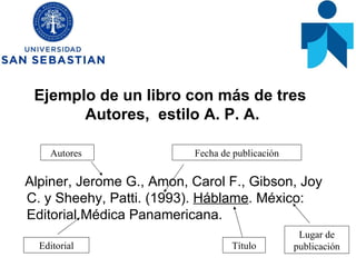 Ejemplo de un libro con más de tres  Autores,  estilo A. P. A. Alpiner, Jerome G., Amon, Carol F., Gibson, Joy  C. y Sheehy, Patti. (1993).  Háblame . México: Editorial Médica Panamericana.  Autores  Fecha de publicación Lugar de publicación Editorial Título 