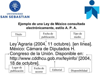 Ejemplo de una Ley de México consultada electrónicamente, estilo A. P. A. <ul><li>Ley Agraria (2004, 11 octubre). [en líne...