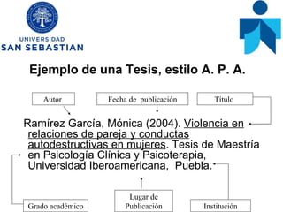 Ejemplo de una Tesis, estilo A. P. A.  <ul><li>Ramírez García, Mónica (2004).  Violencia en relaciones de pareja y conduct...