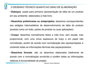 O DESENHO TÉCNICO QUANTO AO GRAU DE ELABORAÇÃO

• Esboços: usado para primeira representação da idéia de um produto
em seu ambiente- elaborados à mão livre;

• Desenhos preliminares ou anteprojetos: desenhos correspondentes
aos estágios intermediários de desenvolvimento da idéia do produto
(produto como um todo, partes do produto ou suas aplicações);

• Croqui: desenhos normalmente feitos a mão livre, sem escala, mas
proporcional, com uma única espessura de traço e em papel não
normalizado, porém de acordo com normalização das representações e
contendo todas as informações técnicas das peças/produtos;

• Desenhos formais: são os desenhos elaborados totalmente de
acordo com a normalização envolvida e contêm todas as informações
relativas à funcionalidade do projeto.
                                   Desenho Técnico Mecânico
 