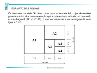 FORMATO DAS FOLHAS

Os formatos da série “A” têm como base o formato A0, cujas dimensões
guardam entre si a mesma relação que existe entre o lado de um quadrado
e sua diagonal (841 2 =1189), e que corresponde a um retângulo de área
igual a 1 m2.




                                                             X/2
                                             A2




                                                                   X = 841
                    A1




                                                             X/4
                                                  A4
                                   A3




                                                             X/4
                                                  A4
                    Y/2                Y/4        Y/4

                            Y = 1189


                                  Desenho Técnico Mecânico
 