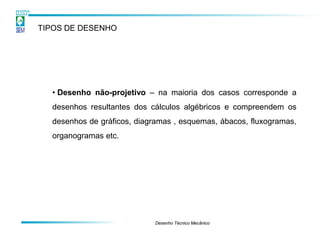 TIPOS DE DESENHO




  • Desenho não-projetivo – na maioria dos casos corresponde a
  desenhos resultantes dos cálculos algébricos e compreendem os
  desenhos de gráficos, diagramas , esquemas, ábacos, fluxogramas,
  organogramas etc.




                            Desenho Técnico Mecânico
 