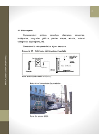 MANUALDEREFERÊNCIASDAFEA/FUMEC
3.2.2 Ilustrações
Compreendem: gráficos, desenhos, diagramas, esquemas,
fluxogramas, fotografias, gráficos, plantas, mapas, retratos, material
cartográfico, organograma, etc.
Na sequência são apresentados alguns exemplos:
Esquema 01 - Sistema de ozonização em batelada
Fonte: Adaptado de Bassani et al. (2002).
Foto 01 - Comércio de Brumadinho
Fonte: Os autores (2009).
26
 
