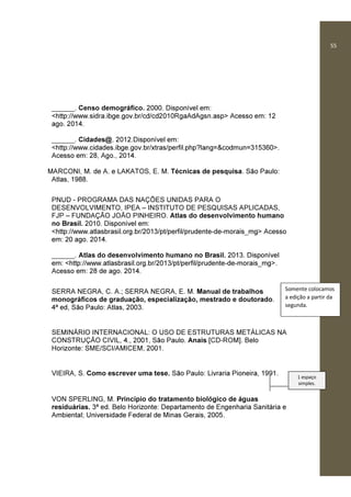 55
______. Censo demográfico. 2000. Disponível em:
<http://www.sidra.ibge.gov.br/cd/cd2010RgaAdAgsn.asp> Acesso em: 12
ago. 2014.
______. Cidades@. 2012.Disponível em:
<http://www.cidades.ibge.gov.br/xtras/perfil.php?lang=&codmun=315360>.
Acesso em: 28, Ago., 2014.
MARCONI, M. de A. e LAKATOS, E. M. Técnicas de pesquisa. São Paulo:
Atlas, 1988.
PNUD - PROGRAMA DAS NAÇÕES UNIDAS PARA O
DESENVOLVIMENTO, IPEA – INSTITUTO DE PESQUISAS APLICADAS,
FJP – FUNDAÇÃO JOÃO PINHEIRO. Atlas do desenvolvimento humano
no Brasil. 2010. Disponível em:
<http://www.atlasbrasil.org.br/2013/pt/perfil/prudente-de-morais_mg> Acesso
em: 20 ago. 2014.
______. Atlas do desenvolvimento humano no Brasil. 2013. Disponível
em: <http://www.atlasbrasil.org.br/2013/pt/perfil/prudente-de-morais_mg>.
Acesso em: 28 de ago. 2014.
SERRA NEGRA, C. A.; SERRA NEGRA, E. M. Manual de trabalhos
monográficos de graduação, especialização, mestrado e doutorado.
4ª ed, São Paulo: Atlas, 2003.
SEMINÁRIO INTERNACIONAL: O USO DE ESTRUTURAS METÁLICAS NA
CONSTRUÇÃO CIVIL, 4., 2001, São Paulo. Anais [CD-ROM]. Belo
Horizonte: SME/SCI/AMICEM, 2001.
VIEIRA, S. Como escrever uma tese. São Paulo: Livraria Pioneira, 1991.
VON SPERLING, M. Princípio do tratamento biológico de águas
residuárias. 3ª ed. Belo Horizonte: Departamento de Engenharia Sanitária e
Ambiental; Universidade Federal de Minas Gerais, 2005.
Somente colocamos
a edição a partir da
segunda.
1 espaço
simples.
 