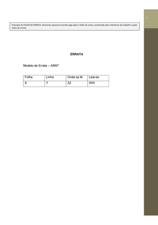 7
ERRATA
Modelo de Errata – ABNT
Folha Linha Onde se lê Leia-se
X Y ZZ WW
Exemplo de FOLHA DE ERRATA. Elemento opcional inserido logo após a folha de rosto, constituído pela referência do trabalho e pelo
texto da errata.
7
 
