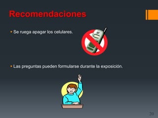 Recomendaciones
 Se ruega apagar los celulares.




 Las preguntas pueden formularse durante la exposición.




                                                           20
 