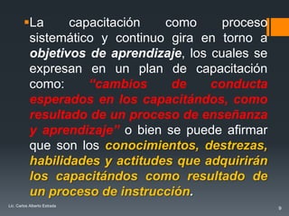 La     capacitación   como      proceso
         sistemático y continuo gira en torno a
         objetivos de aprendizaje, los cuales se
         expresan en un plan de capacitación
         como:     “cambios     de     conducta
         esperados en los capacitándos, como
         resultado de un proceso de enseñanza
         y aprendizaje” o bien se puede afirmar
         que son los conocimientos, destrezas,
         habilidades y actitudes que adquirirán
         los capacitándos como resultado de
         un proceso de instrucción.
Lic. Carlos Alberto Estrada
                                                   9
 