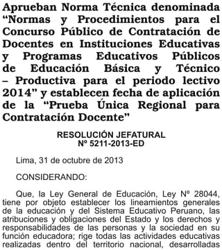 Normas y procedimientos para el proceso de contrato docente 2014 _RJ.5211-2013-ED