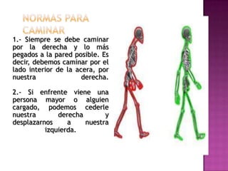 1.- Siempre se debe caminar
por la derecha y lo más
pegados a la pared posible. Es
decir, debemos caminar por el
lado interior de la acera, por
nuestra derecha.
2.- Si enfrente viene una
persona mayor o alguien
cargado, podemos cederle
nuestra derecha y
desplazarnos a nuestra
izquierda.
 