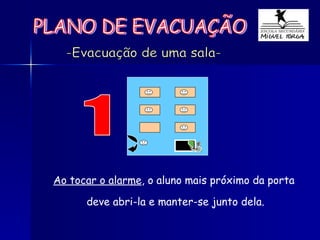 1 Ao tocar o alarme , o aluno mais próximo da porta deve abri-la e manter-se junto dela. -Evacuação de uma sala- PLANO DE EVACUAÇÃO 