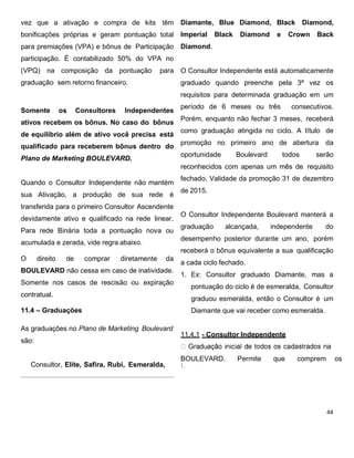 vez que a ativação e compra de kits têm
bonificações próprias e geram pontuação total
para premiações (VPA) e bônus de Participação
participação. É contabilizado 50% do VPA no
(VPQ) na composição da pontuação para
graduação sem retorno financeiro.
Somente os Consultores Independentes
ativos recebem os bônus. No caso do bônus
de equilíbrio além de ativo você precisa está
qualificado para receberem bônus dentro do
Plano de Marketing BOULEVARD.
Quando o Consultor Independente não mantém
sua Ativação, a produção de sua rede é
transferida para o primeiro Consultor Ascendente
devidamente ativo e qualificado na rede linear.
Para rede Binária toda a pontuação nova ou
acumulada e zerada, vide regra abaixo.
O direito de comprar diretamente da
BOULEVARD não cessa em caso de inatividade.
Somente nos casos de rescisão ou expiração
contratual.
11.4 – Graduações
As graduações no Plano de Marketing Boulevard
são:
Consultor, Elite, Safira, Rubi, Esmeralda,
Diamante, Blue Diamond, Black Diamond,
Imperial Black Diamond e Crown Back
Diamond.
O Consultor Independente está automaticamente
graduado quando preenche pela 3ª vez os
requisitos para determinada graduação em um
período de 6 meses ou três consecutivos.
Porém, enquanto não fechar 3 meses, receberá
como graduação atingida no ciclo. A título de
promoção no primeiro ano de abertura da
oportunidade Boulevard todos serão
reconhecidos com apenas um mês de requisito
fechado, Validade da promoção 31 de dezembro
de 2015.
O Consultor Independente Boulevard manterá a
graduação alcançada, independente do
desempenho posterior durante um ano, porém
receberá o bônus equivalente a sua qualificação
a cada ciclo fechado.
1. Ex: Consultor graduado Diamante, mas a
pontuação do ciclo é de esmeralda, Consultor
graduou esmeralda, então o Consultor é um
Diamante que vai receber como esmeralda.
11.4.1 - Consultor Independente
BOULEVARD. Permite que comprem os
 