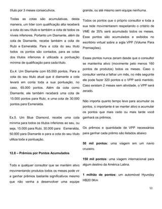 título por 3 meses consecutivos.
Todas as cotas são acumulativas, desta
maneira, um líder com qualificação alta receberá
a cota do seu título e também a cota de todos os
níveis inferiores. Portanto um Diamante, além da
cota de Diamante, recebe também a cota de
Rubi e Esmeralda. Para a cota do seu titulo
todos os pontos são contados, para as cotas
dos títulos inferiores é utilizada a pontuação
mínima de qualificação para cada título.
Ex.4: Um Diamante com 65.000 pontos. Para a
cota do seu titulo atual que é diamante a cota
levará em conta toda a sua pontuação, no
caso, 65.000 pontos. Além da cota como
Diamante, ele também receberá uma cota de
15.000 pontos para Rubi, e uma cota de 30.000
pontos para Esmeralda.
Ex.5. Um Blue Diamond, recebe uma cota
mínima para todos os titulos inferiores ao seu, ou
seja, 15.000 para Rubi, 30.000 para Esmeralda,
50.000 para Diamante e para a cota do seu título
utiliza toda a pontuação.
12.8 – Prêmios por Pontos Acumulados
Todo e qualquer consultor que se mantém ativo
movimentando produtos todos os meses pode vir
a ganhar prêmios bastante significativos mesmo
que não venha a desenvolver uma equipe
grande, ou até mesmo sem equipe nenhuma.
Todos os pontos que o próprio consultor e toda a
sua rede movimentarem respeitando o critério de
VME de 35% será acumulado todos os meses.
Esse pontos são acumulados e exibidos no
escritório virtual sobre a sigla VPP (Volume Para
Premiações).
Esses pontos nunca zeram desde que o consultor
se mantenha ativo (movimente pelo menos 160
pontos de produtos) todos os meses. Caso o
consultor venha a falhar um mês, no mês seguinte
ele pode fazer 320 pontos e o VPP será mantido.
Caso existam 2 meses sem atividade, o VPP será
zerado.
Não importa quanto tempo leve para acumular os
pontos, o importante é se manter ativo e acumular
os pontos que mais cedo ou mais tarde você
ganhará os prêmios.
Os prêmios e quantidade de VPP necessários
para ganhar cada prêmio são listados abaixo:
50 mil pontos: uma viagem em um navio
cruzeiro.
150 mil pontos: uma viagem internacional para
algum destino da América Latina.
1 milhão de pontos: um automóvel Hyunday
HB20 0Km
 